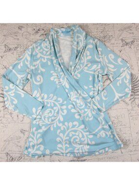 J. McLaughlin Catalina Cloth Surplice Faux Wrap Top Blue White Printed Large L